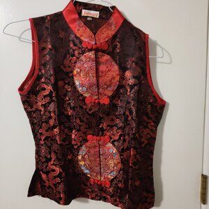 Size XS - Red Black Dragon Sleeveless Chinese Pattern Tang Suit Top by Lindsey